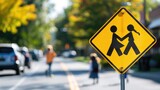 School Crossing Sign on Suburban Street with Children in Background