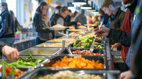 Students Selecting Food in School Cafeteria Buffet Line
