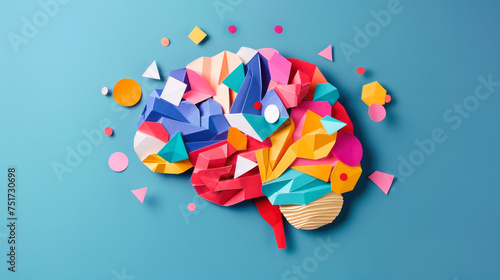 Colorful Origami Brain on Blue Background
