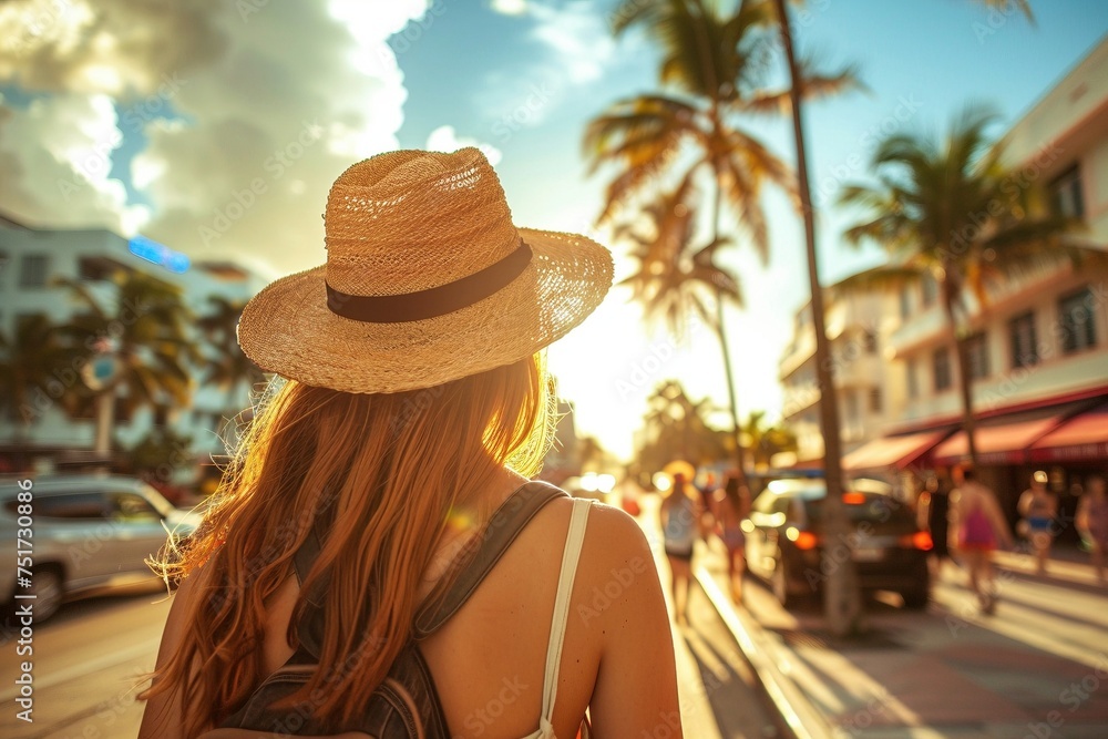Experience the vibrant charm of Miami through the lens of a beautiful tourist woman walking towards the camera, radiating warmth and excitement amidst the summer travel adventures