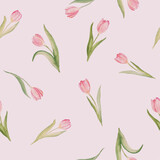 Seamless pattern with pink tulips on зштл background in watercolor style