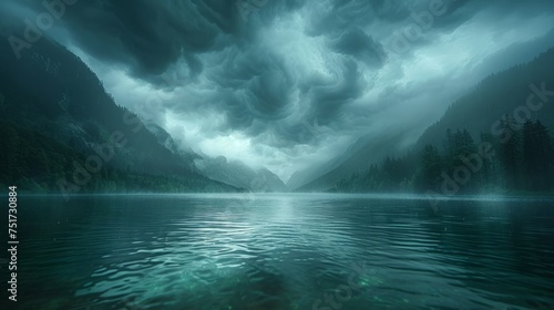 A Body of Water Surrounded by Mountains Under a Cloudy Sky