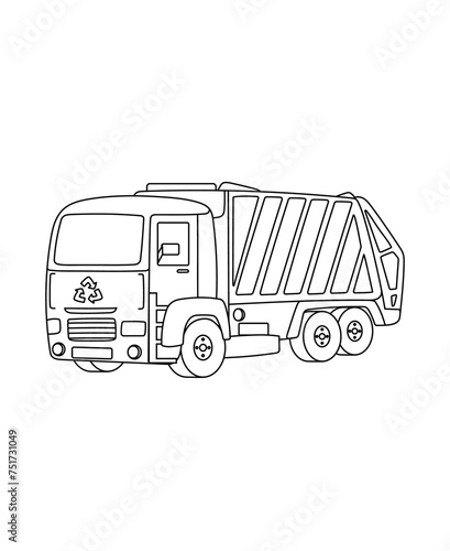 Service Car Trash Truck Coloring Page Transportation theme simple black and white drawing for print.