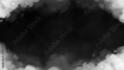 Smoke frame border isolated on black background. Abstract smoke cloud misty fog overlay.