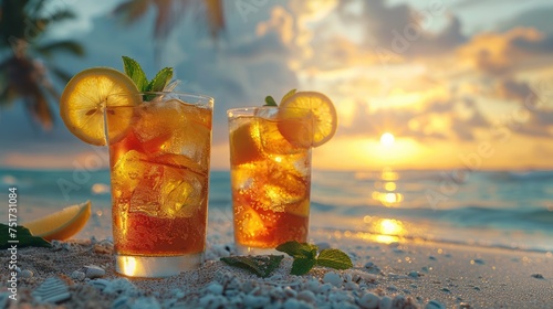 Two Glasses of Iced Tea on a Sandy Beach
