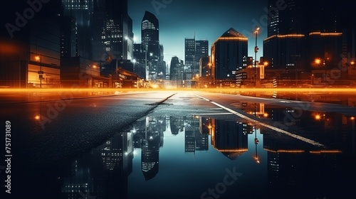 Light Effect with Blurred Background - Wet Asphalt, Night City View with Neon Reflections