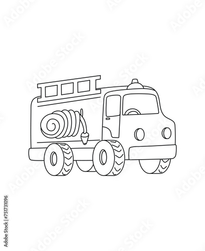 Fire Truck Coloring Page Transportation theme simple black and white drawing for print.