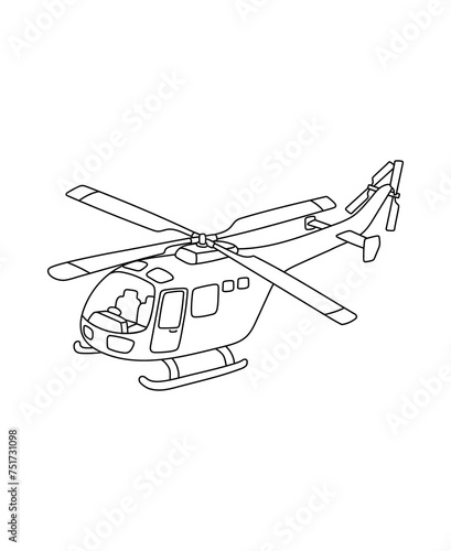 Helicopter Coloring Page Transportation theme simple black and white drawing for print.