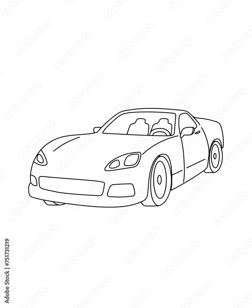Fancy Sport Car Coloring Page Transportation theme simple black and white drawing for print.