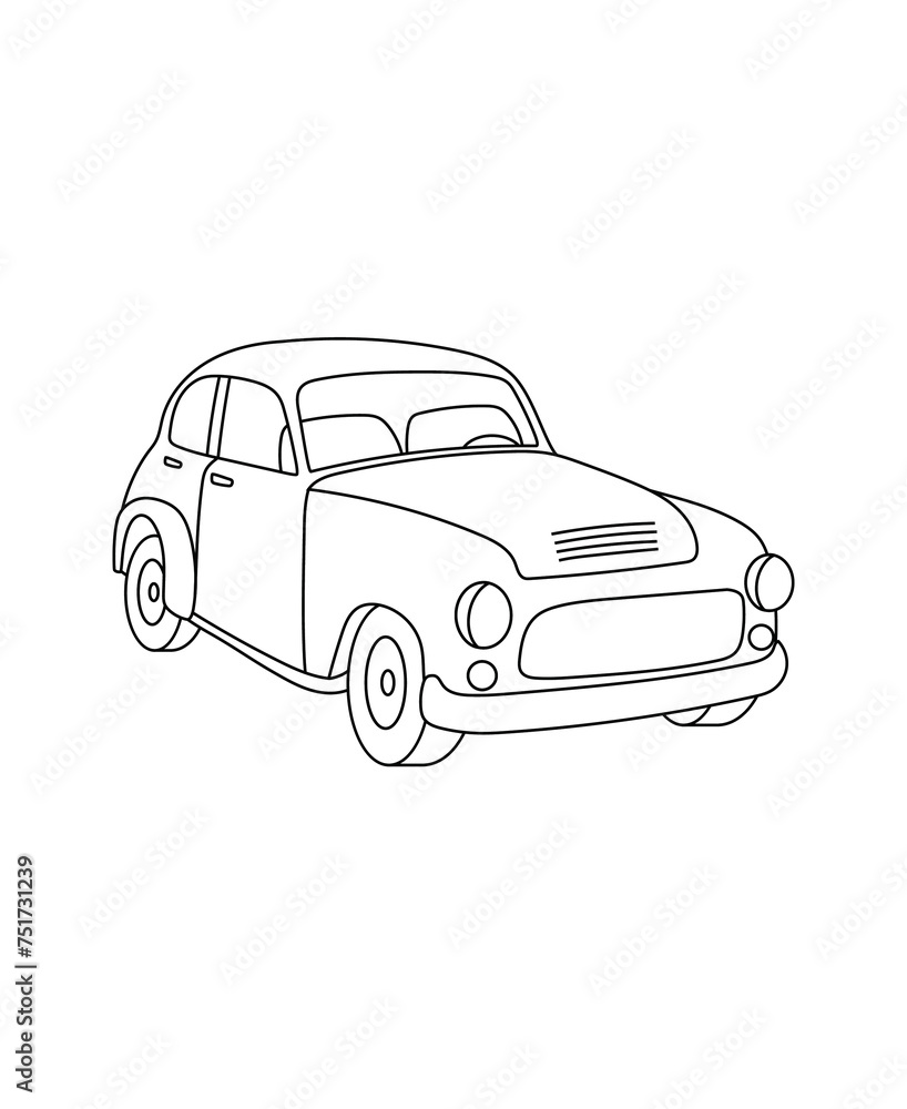 Vintage Car Coloring page Transportation theme simple black and white drawing for print.