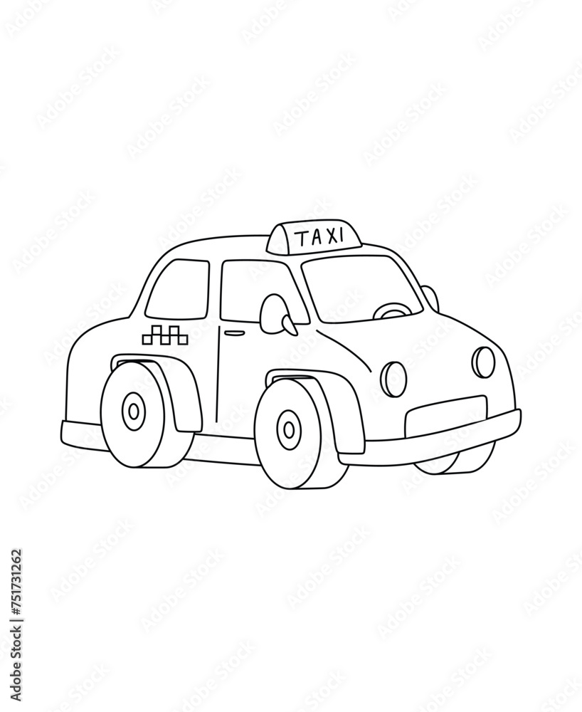 Taxi Cab Car Coloring page Transportation theme simple black and white drawing for print.