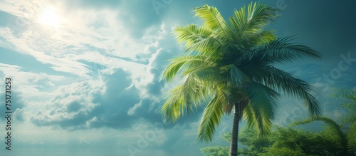 Tropical palm tree standing in the serene oasis of a crystal-clear lake surrounded by lush greenery