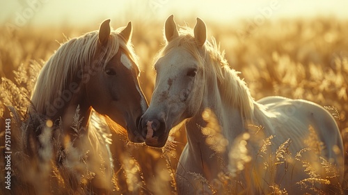 Two White Horses Standing in Field