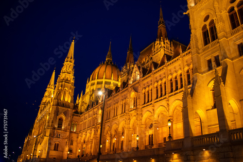 Parliament building illuminated at night in Budapest, Hungary