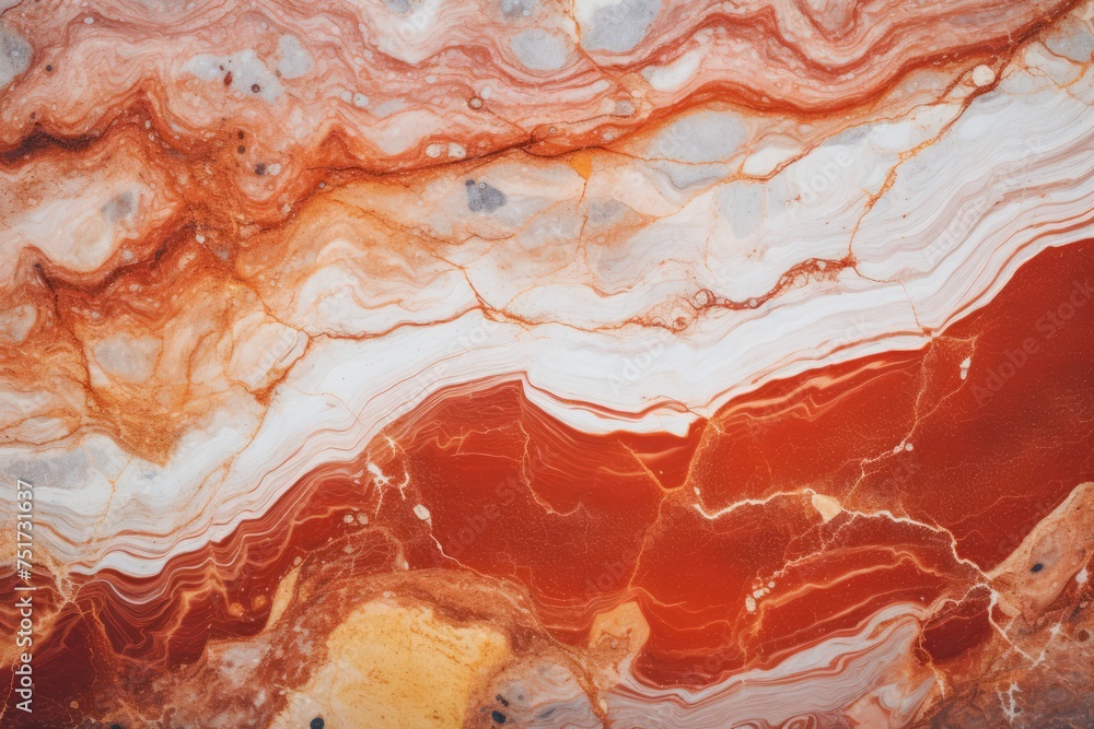 abstract marble texture background, close-up photo showcases a smooth, polished red and white marble surface with thin and thick veins running throughout. - obrazy, fototapety, plakaty 