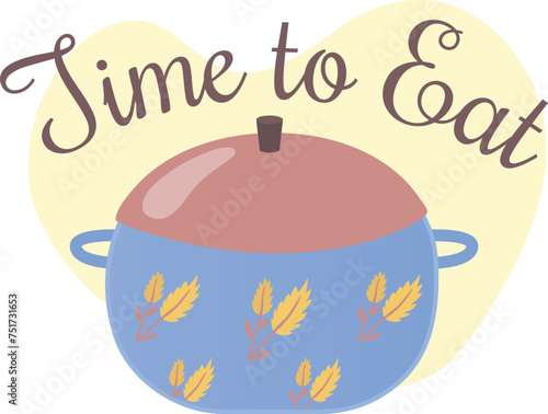 Blue pot lid wheat design, Time Eat script font. Cooking pot concept art mealtime illustration