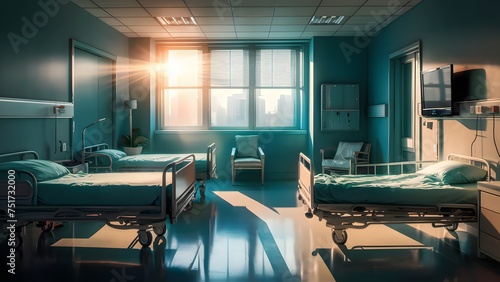 a hospital room with two beds, a chair, a TV, and a window. The room is clean and empty of people.