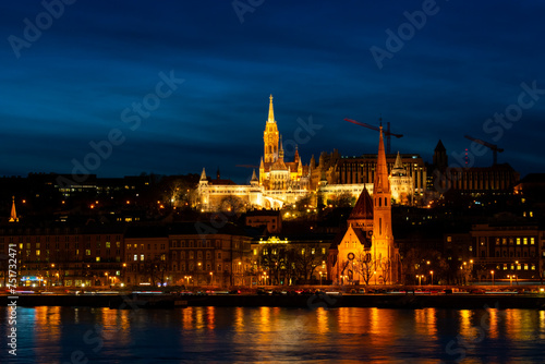 Matthias Church illuminated at night in Budapest  Hungary