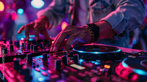 dj in action, close up of a dj at work, dj at the party, dj is mixing music at the party, dj deck close up