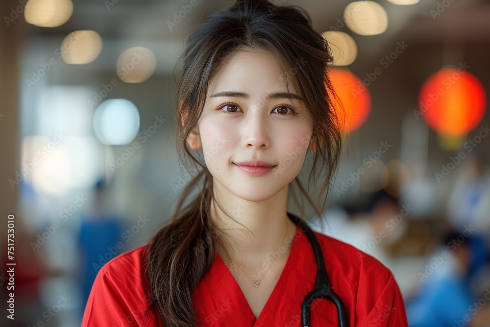 Obraz premium A genuine portrayal captures an everyday Chinese woman in her thirties, embodying the role of a dedicated nurse with quiet strength and compassion
