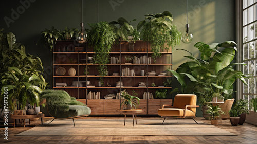 A tranquil living room featuring a green wall, natural wood furniture, and a variety of plants to create a biophilic atmosphere