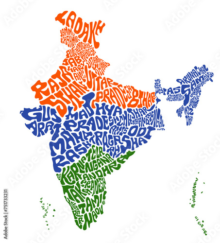 Indian map with all state typography.