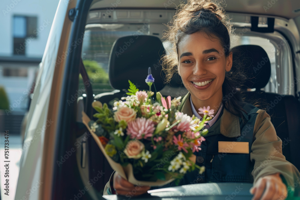 A woman delivering flowers to a customer, driving a van and holding a bouquet.