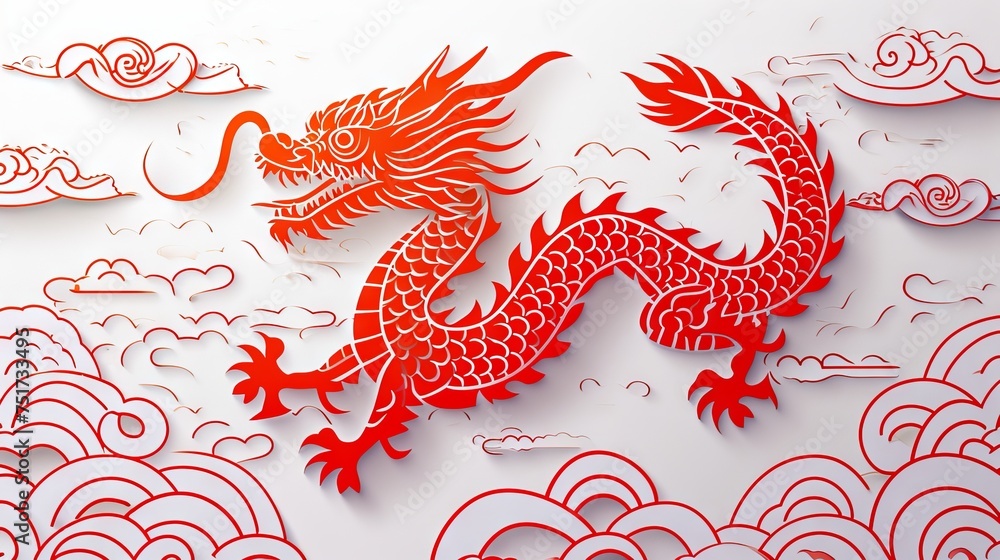 Chinese dragon papercut style on white background
