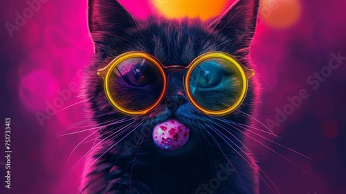 Funny black cat in round sunglasses on pink bokeh background