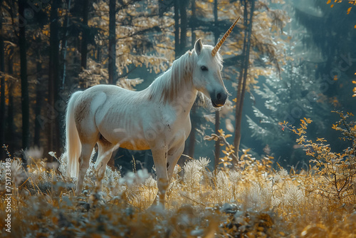 Capture the serenity and grace of a unicorn as it navigates through the ancient mystical landscape of the forest
