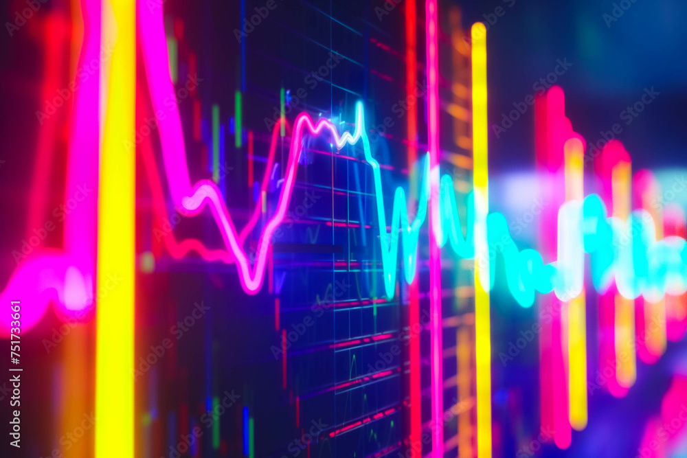 Up close look at a vibrant neon chart indicating a bullish trend in the market - obrazy, fototapety, plakaty 