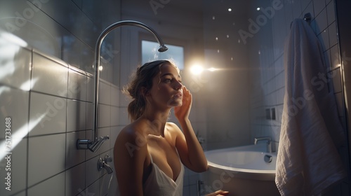 Pretty young busty buxom caucasian slavic girl in bathroom touching her skin after taking a shower enjoying the tenderness of youth and perfect skincare