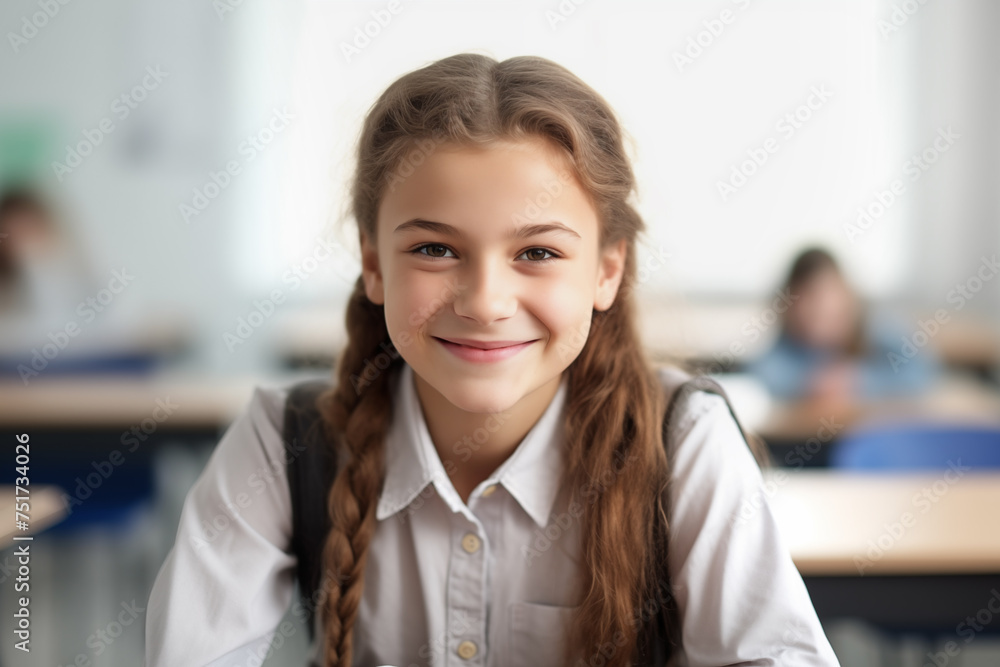 portrait of a schoolgirl sitting at a school desk on the white wall background generative AI
