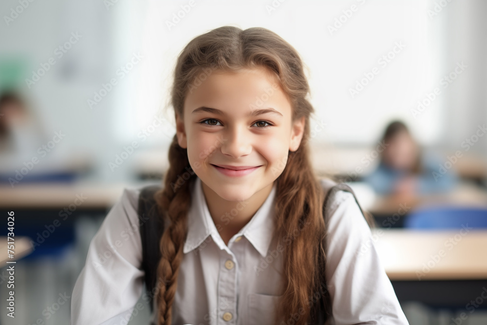 Obraz premium portrait of a schoolgirl sitting at a school desk on the white wall background generative AI