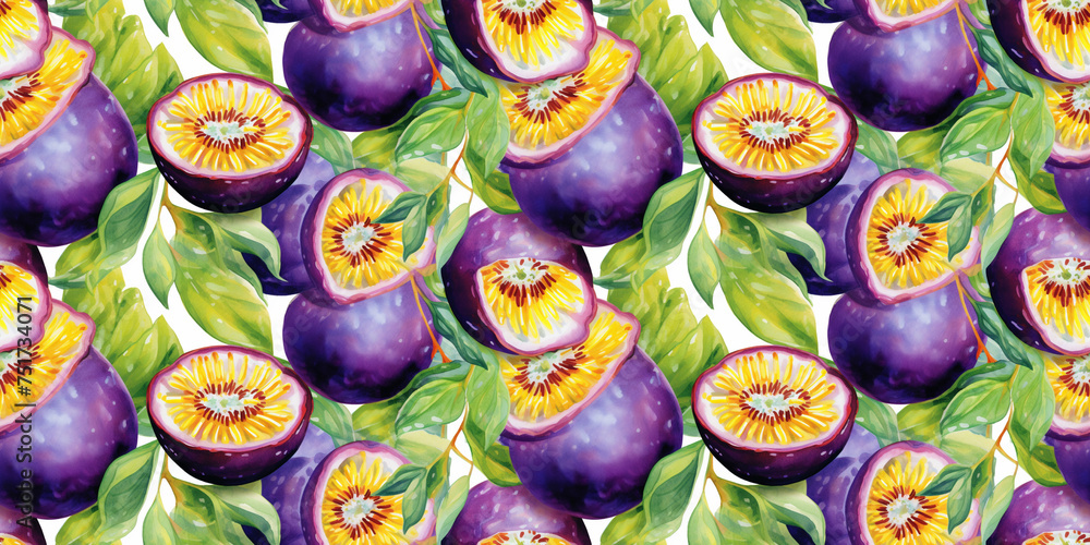Fototapeta premium Watercolor Passion Fruit Seamless Pattern, Aquarelle Ripe Passiflora, Creative Watercolor Maracuya Tile