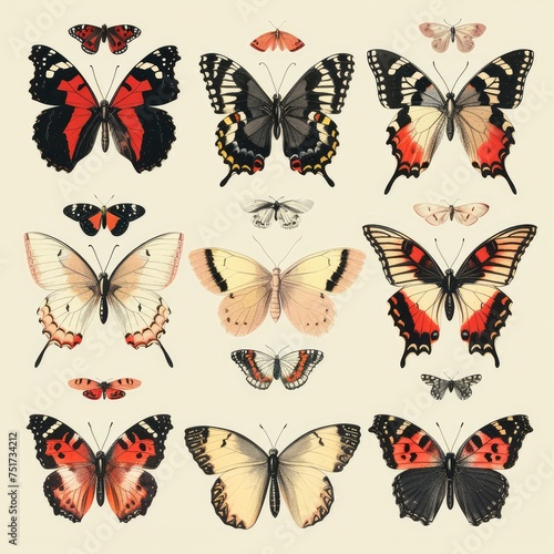 Butterflies Collection in Retro Illustration Style, Vintage Americana, Butterflies Set
