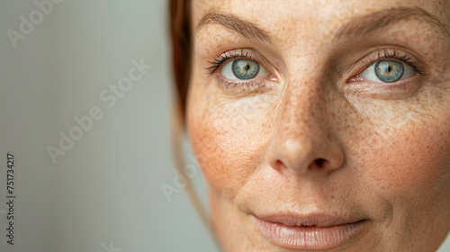 Close up of woman face that used UL therapy to do a face lift photo