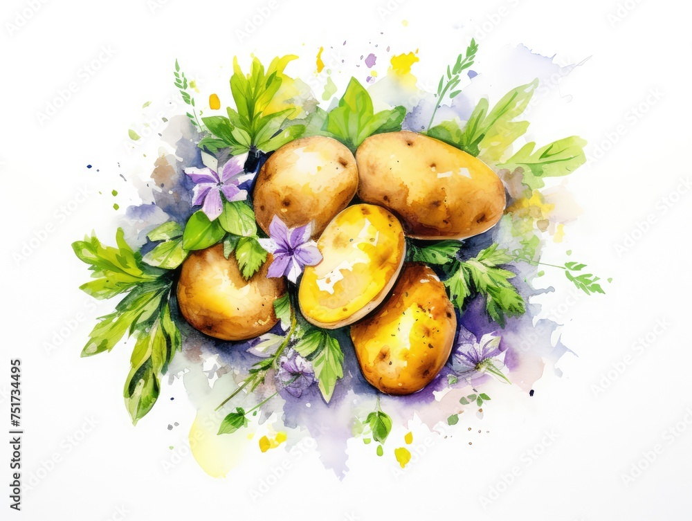 Watercolor Potato Isolated, Aquarelle Potato Cuts, Water-Colour Vegetable Pieces on White Background Watercolor Potato Isolated, Aquarelle Potato Cuts, Water-Colour Vegetable Pieces on White Background