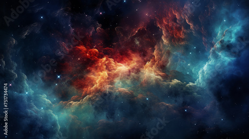 A cosmic tapestry of red and blue nebula clouds, this panoramic image captures the essence of the mysterious vastness of space