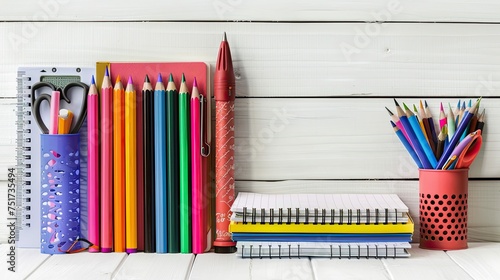 rulers school supplies on white wood photo