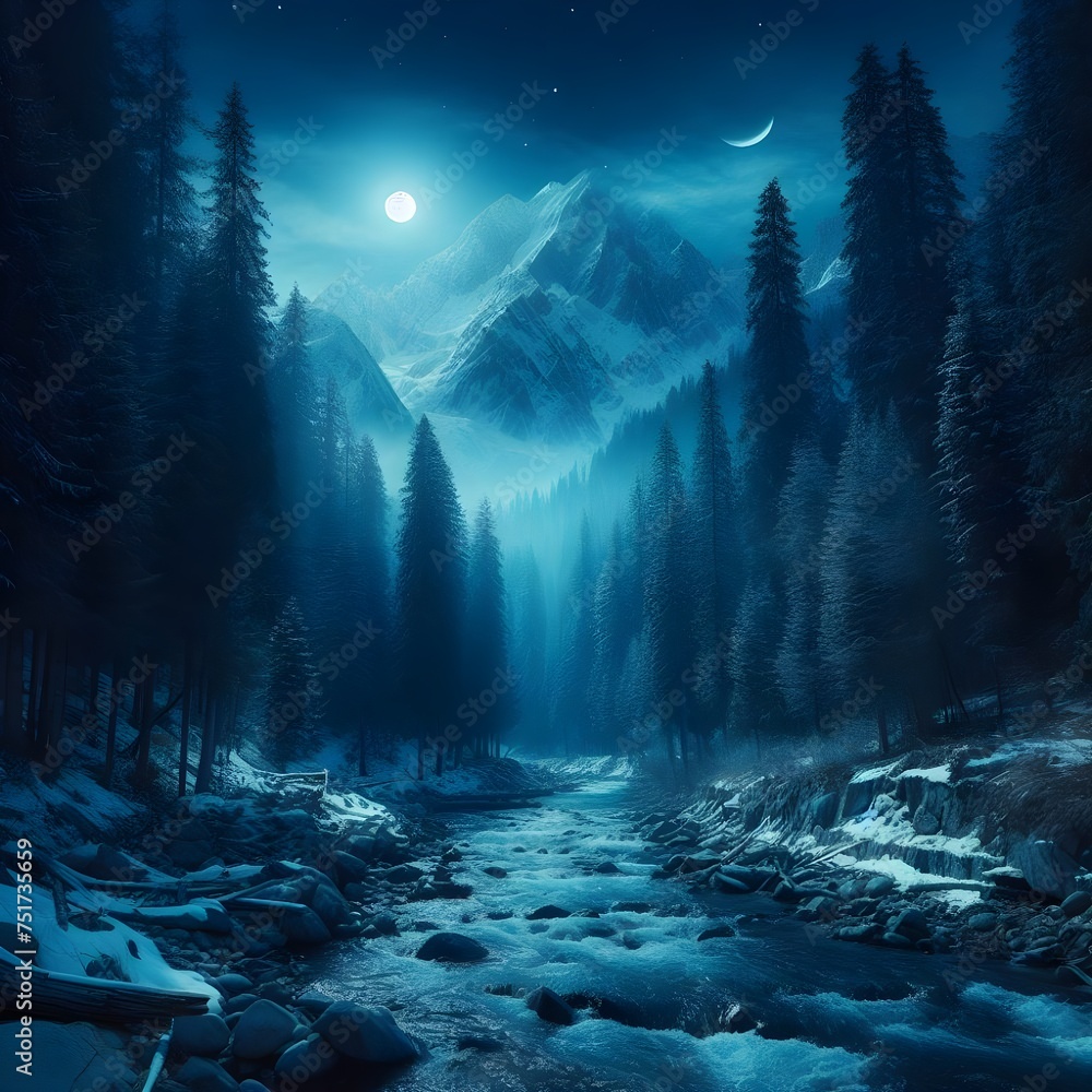 River in forest at night only moon is shinning and making blue light at scene. - obrazy, fototapety, plakaty 