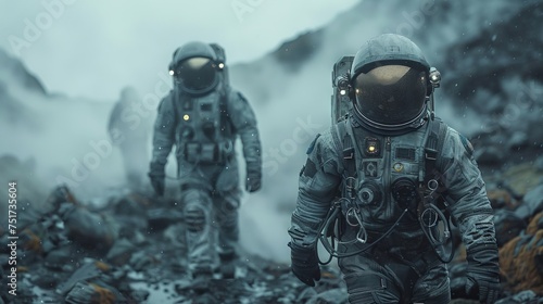 Astronauts Confidently Walking on an Alien Rocky Planet Covered in Gas and Smoke. Humans Overcoming Difficulties. Scientific Progress.
