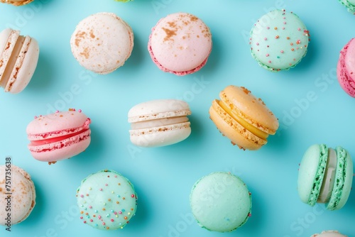 Colorful macaron or macaroon cakes on a pastel turquoise background Cookies seen from above