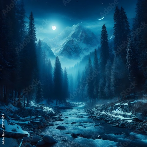 River in forest at night only moon is shinning and making blue light at scene.