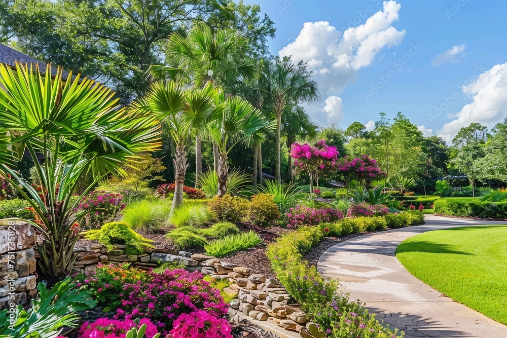Obraz premium Beautiful landscaping with beautiful plants and flowers.