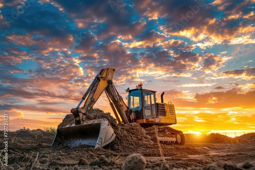 Digger on construction site in the background at sunset