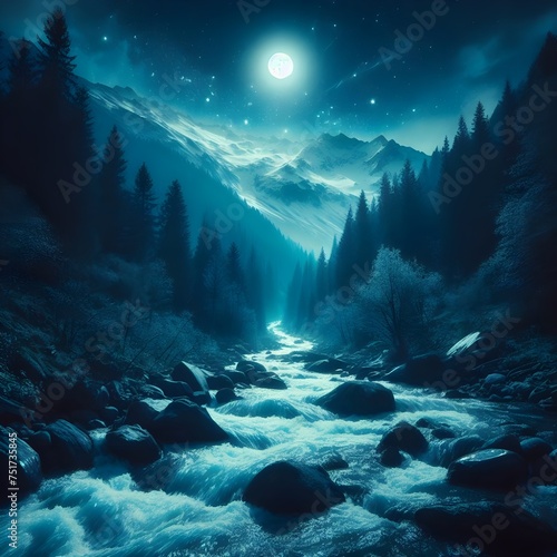 River in forest at night only moon is shinning and making blue light at scene.