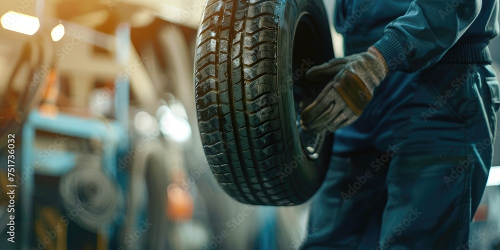 Mechanic holding a new tire at workshop