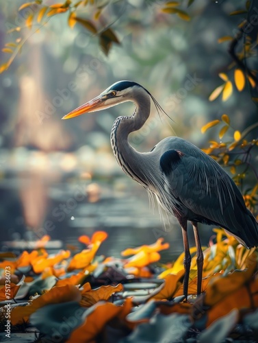 Great blue heron by the lake