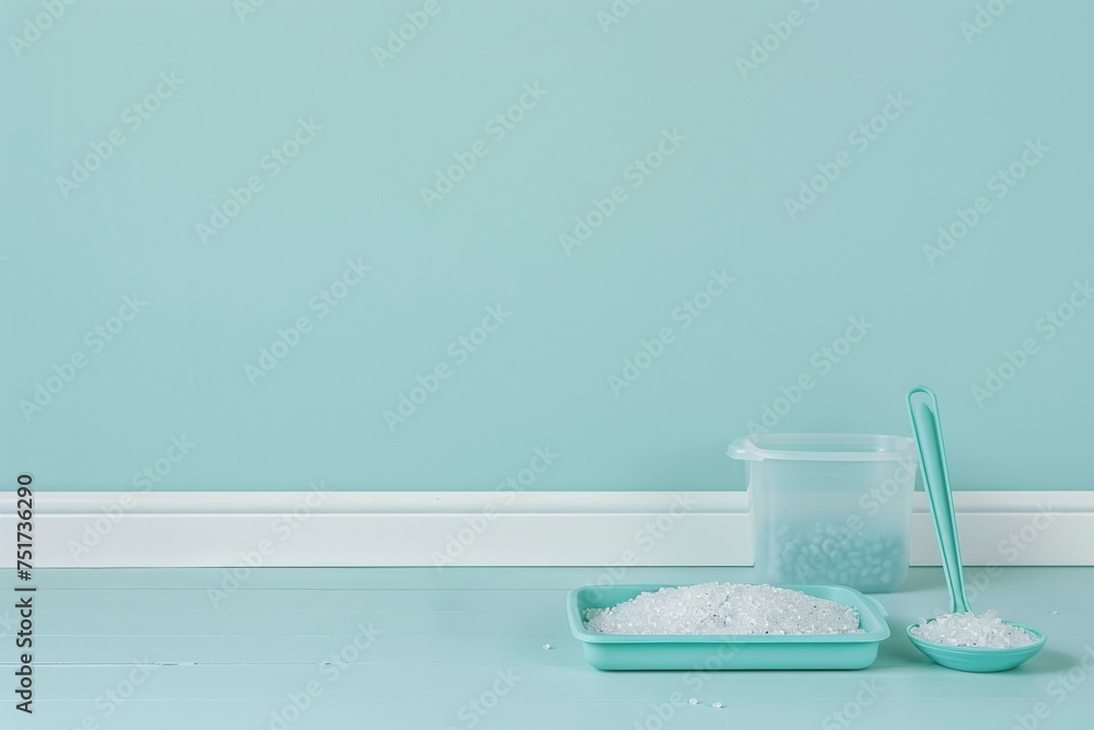 Crystal litter and scoop on floor beside light blue wall next to cat tray Crystal litter and scoop on floor beside light blue wall next to cat tray